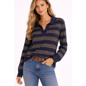Anthro Striped Metallic Shimmer Polo Sweater Large Navy Gray Knit Top